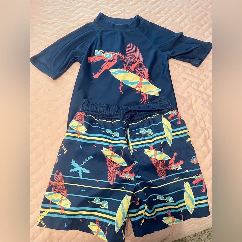 Boy's Dinosaur themed swimsuit swim shirt and trunks set, Lightning Bug, 3T